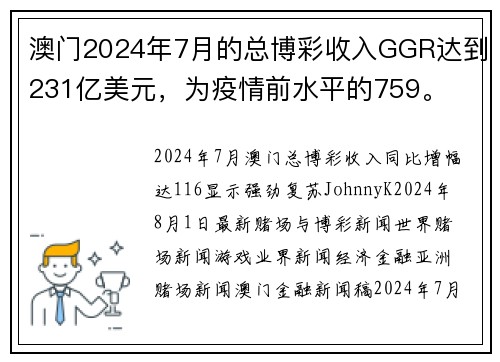 澳门2024年7月的总博彩收入GGR达到231亿美元，为疫情前水平的759。